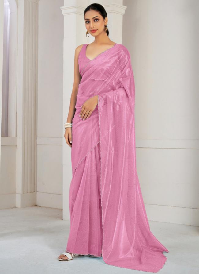 Soft Organza Pink Casual Wear Hand Work Saree